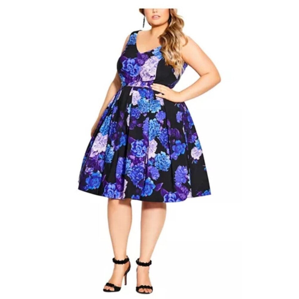 City Chic Sz 14 Women’s Black Hydrangea Print Fit & Flare Dress NWT Fairy